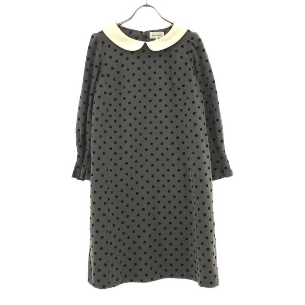 ボンメルスリー ドット 長袖 衿付き フロッキードット ワンピース 34 グレー系 Bon mercerie 裏地付き レディース拍卖