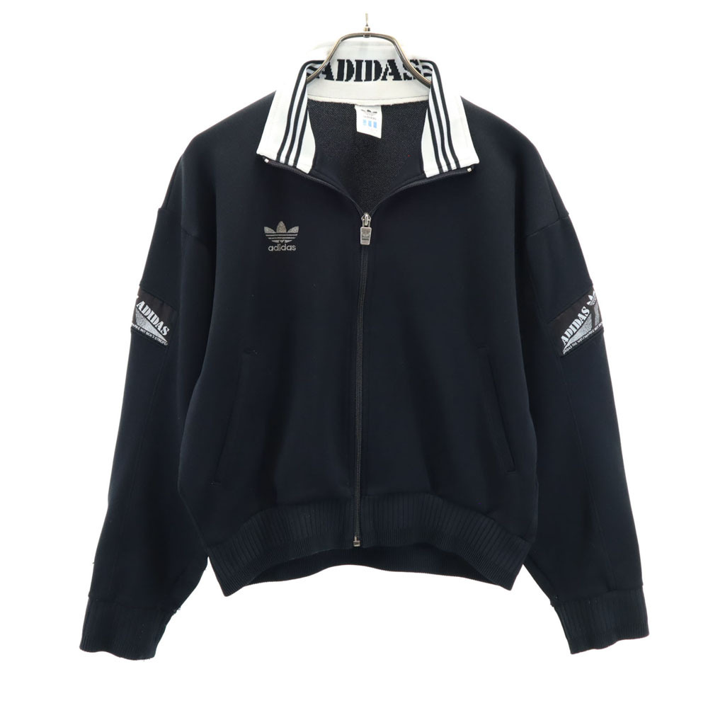アディダス 80s デサント製 オールド トレフォイルロゴ 長袖 ジップジャケット M ブラック adidas ジャージ レディース拍卖