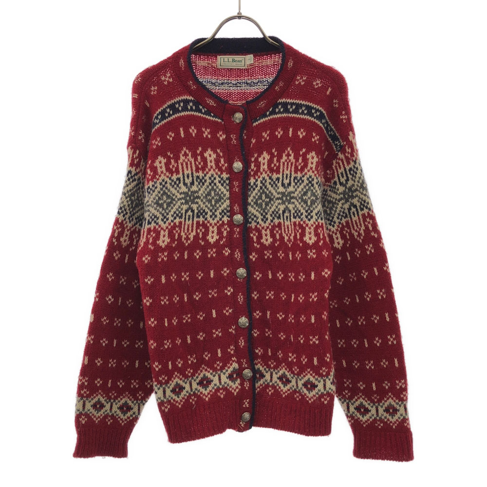 エルエルビーン 80s USA製 ウールブレンド ヴィンテージ ノルディック柄 長袖 クルーネック ニットカーディガン L.L.Bean レディース拍卖
