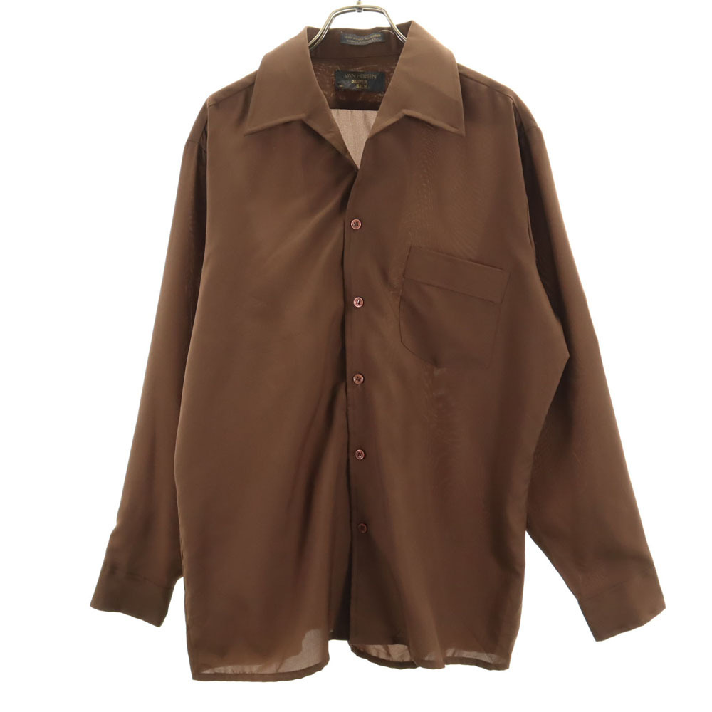 ヴァンヒューゼン 70s 80s ヴィンテージ 衿芯 長袖 オープンカラーシャツ M ブラウン VAN HEUSEN メンズ拍卖
