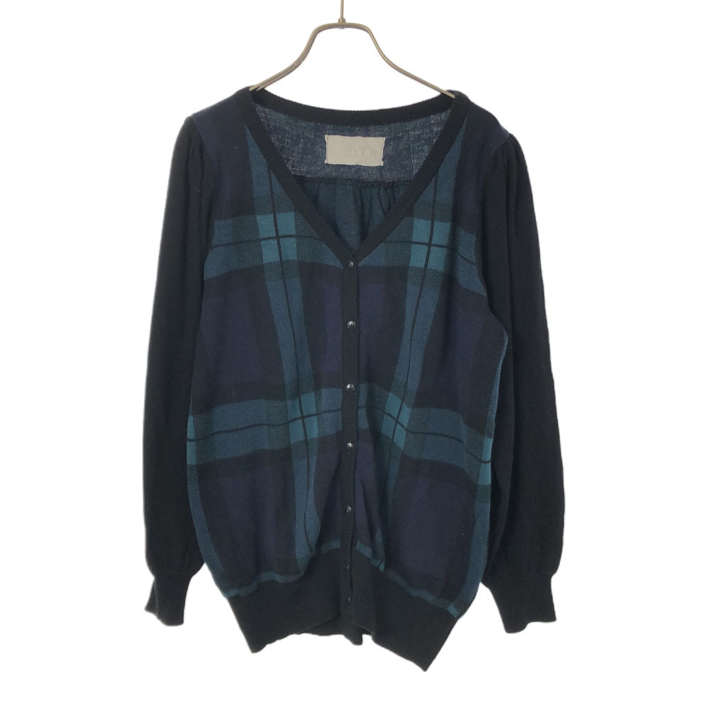ノアールレーベル チェック 長袖 コットン ニットカーディガン 1 ブラック×グリーン系 n'Or LABEL レディース拍卖