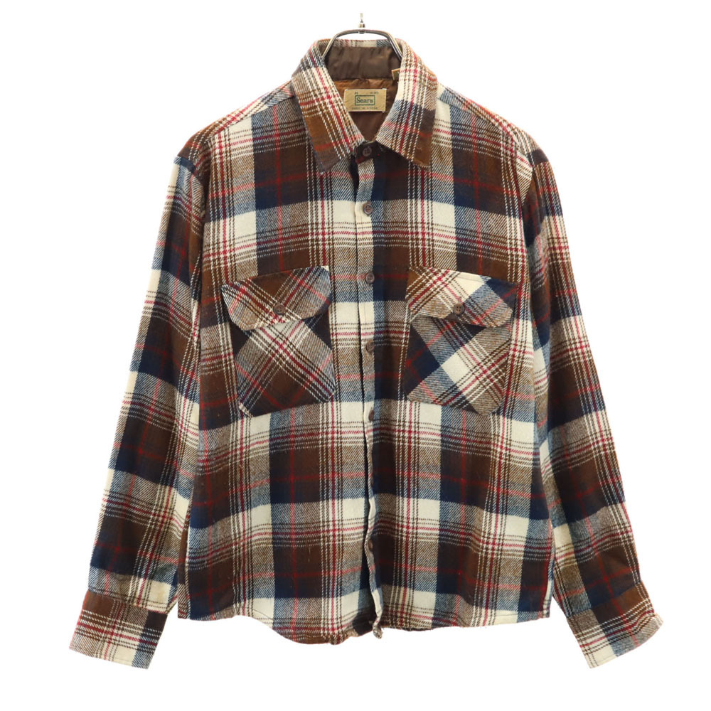 シアーズ 70s 80s 韓国製 アクリル ヴィンテージ チェック柄 長袖 フランネル シャツ M ブラウン Sears メンズ拍卖