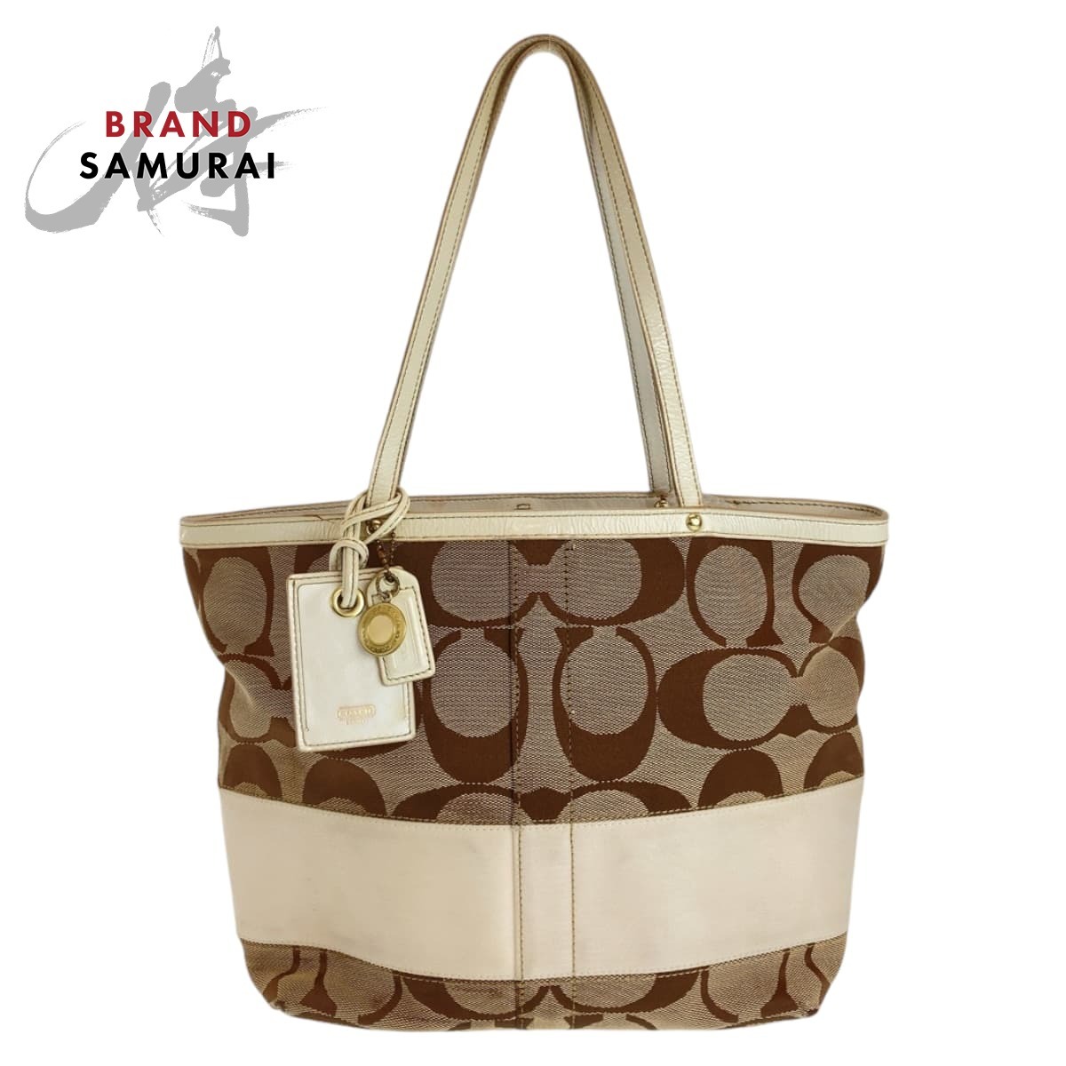 COACH コーチ シグネチャー ブラウン ベージュ ホワイト ゴールド金具 キャンバス/レザー トートバッグ ショルダーバッグ 408261拍卖