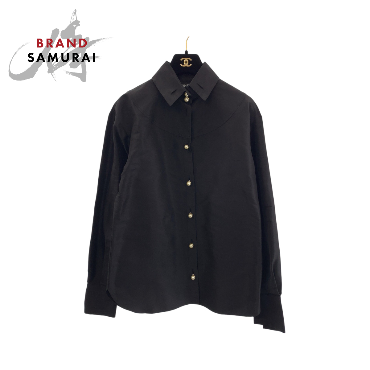 美品 CHANEL シャネル フェイクパール サイズ36 ブラック ゴールド金具 シルク P64478V24243 長袖シャツ ドレスシャツ シルクシャツ 409149拍卖