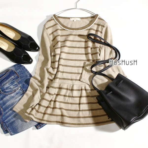 美品 (株)ワールドHusHusH ハッシュアッシュ 皮あいいパールビーズ釦 ストレッチニット プルオーバー 3号 L 秋 冬 24C10拍卖