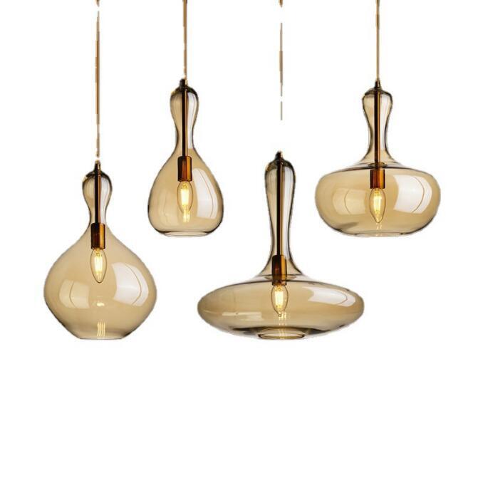 ペンダントライト アンバー色 ガラス 1灯 北欧風 吊り下げ照明 口金E14 LED対応 ダイニング リビングルーム照明器具拍卖