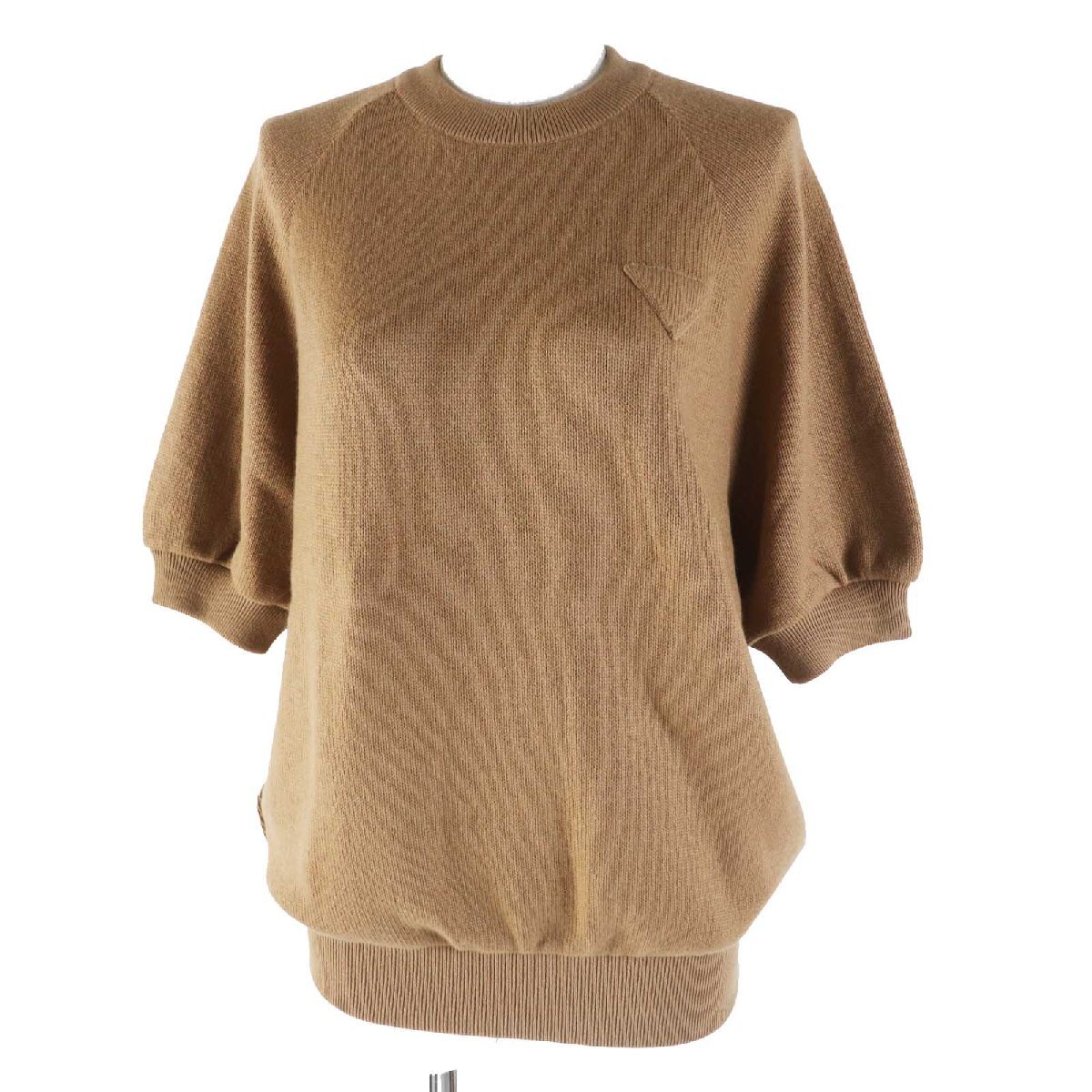 極美品◎PRADA プラダ 19年製 P24Z0L カシミヤ100% トライアングルロゴ付 クルーネック 半袖ニット ブラウン 36 伊製 正規品 レディース拍卖