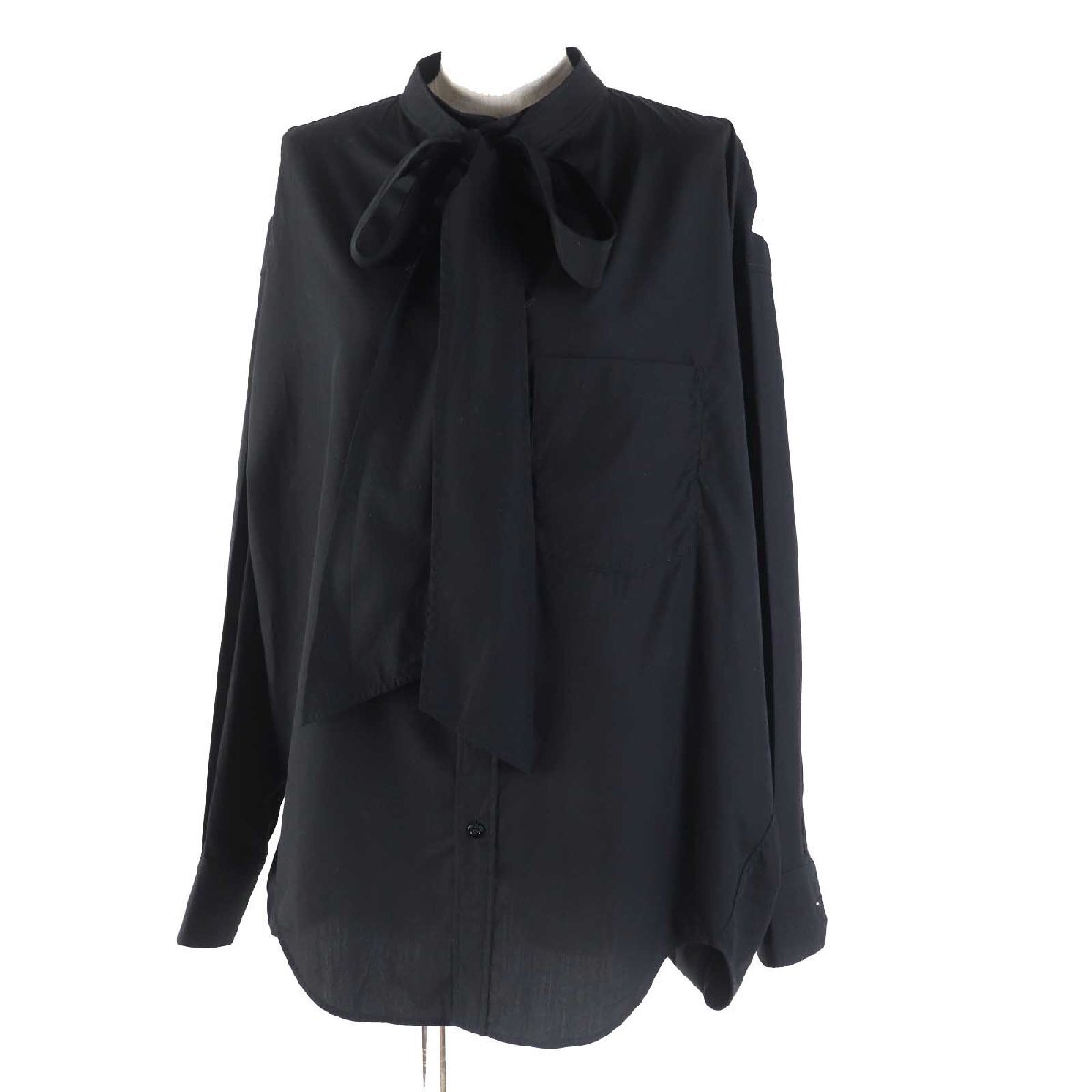 極美品◎BALENCIAGA バレンシアガ 2019年製 520497 ニュースウィング コットン バックロゴプリント 棒タイ 長袖シャツ ブラック 32 正規品拍卖