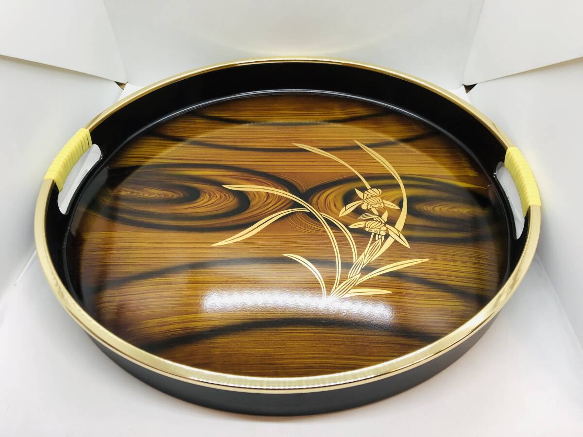 【未使用保管品】お盆 菖蒲柄 40cm 金彩 漆器拍卖