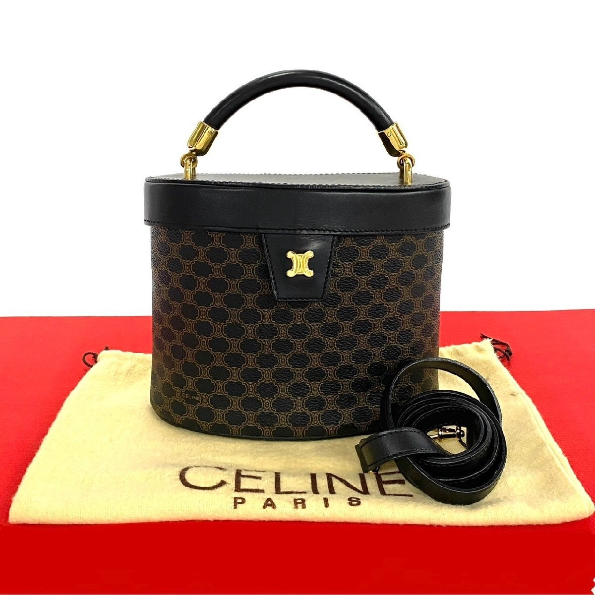 ほぼ未使用 袋付 CELINE セリーヌ マカダム ブラゾン 柄 トリオンフ ロゴ 金具 レザー 2way ショルダーバッグ ハンドバッグ 黒 茶 34038拍卖