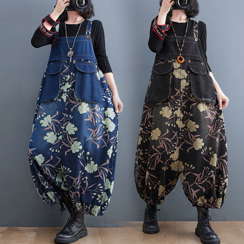 新入荷レディース オーバーオール デニムパンツ オールインワン 春秋 レディース サロペット 花柄 ゆったり 九分丈2色M-2XL拍卖