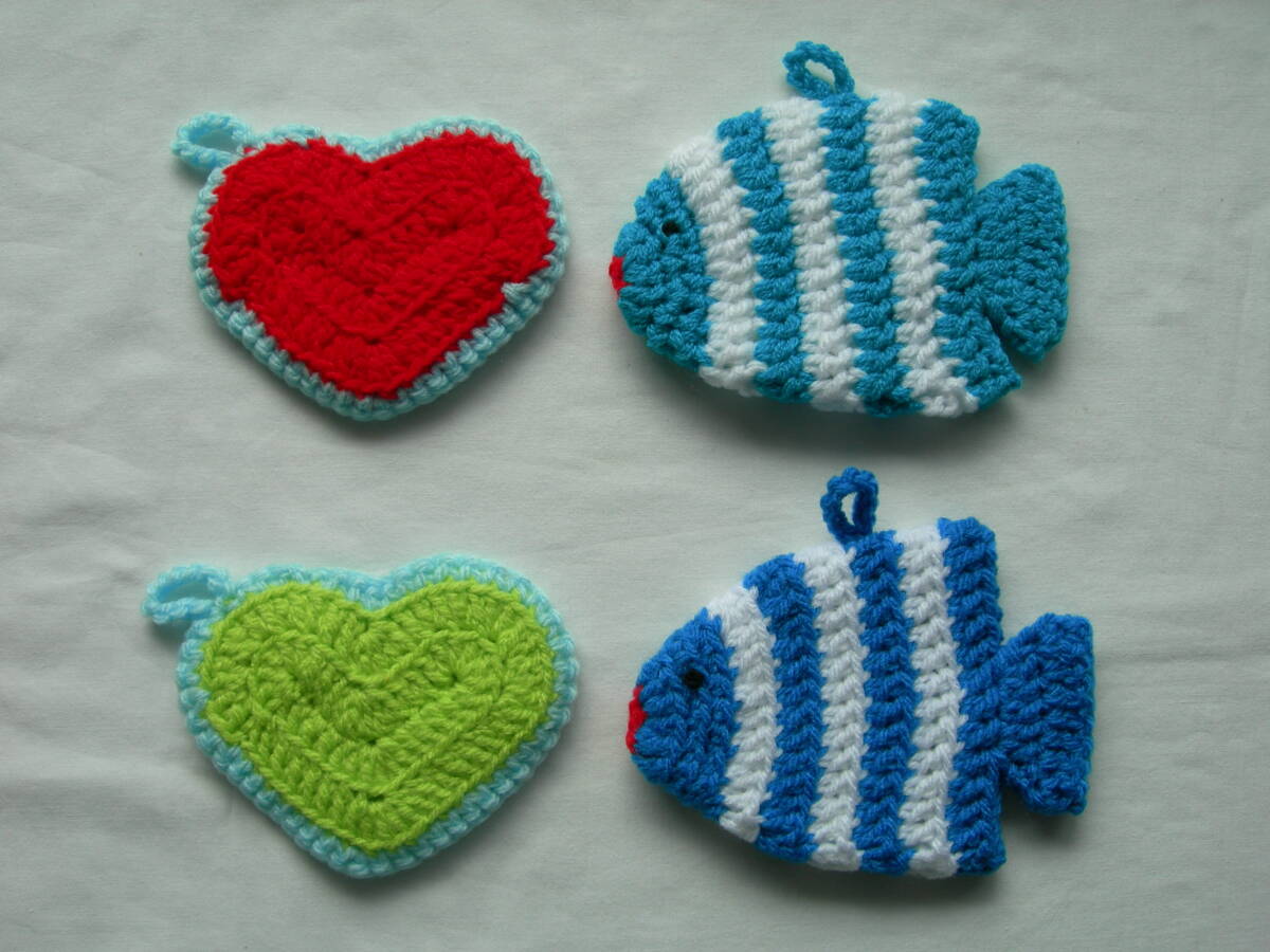 アクリルタワシ ハンドメイド(魚・ハート)4個セット 新品 節約 エコ拍卖