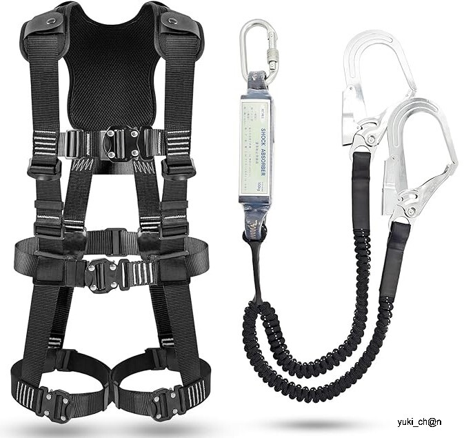 ハーネス 安全帯 ブラック フルハーネス Mサイズ 新規格 2丁掛け 墜落制止用器具 伸縮式ダブルランヤード ワンタッチバックル 肩パット付拍卖