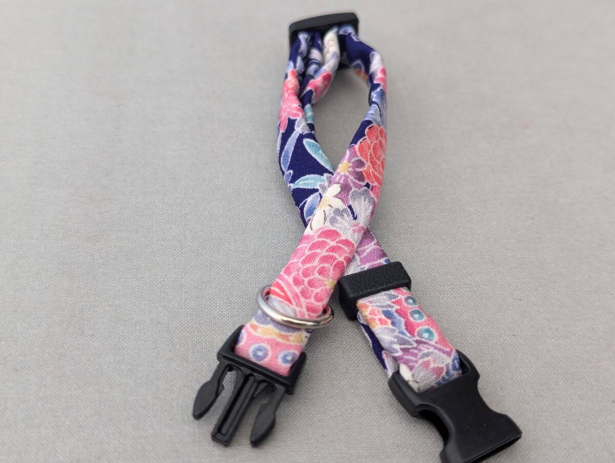 ★手作り京都作家物 猫 首輪 和柄★正絹紺地豪華花模様★ハンドメイド (セーフティタイプ) 即決700円拍卖