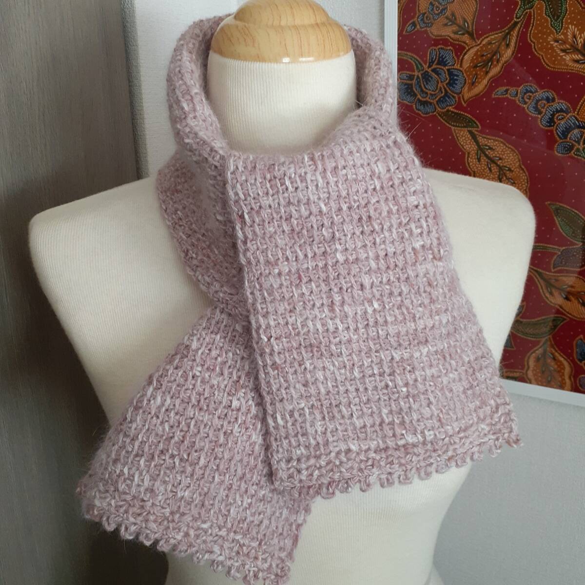 ハンドメイド 手編み ミニマフラー a シルクツィード ピンク アンゴラ混 ウール シルクネップ拍卖