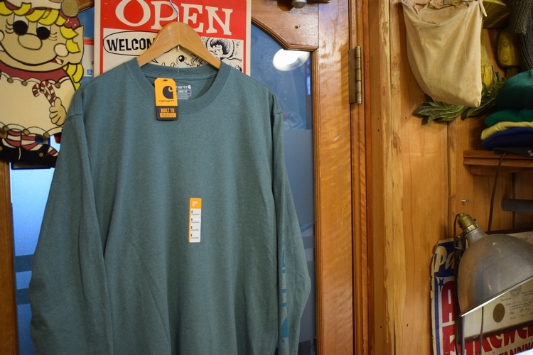 デッドストック品グッドカラーCARHARTTカーハート長袖クルーネックロンT袖プリント入りSグリーン系アメカジワークストリート未使用品x197拍卖