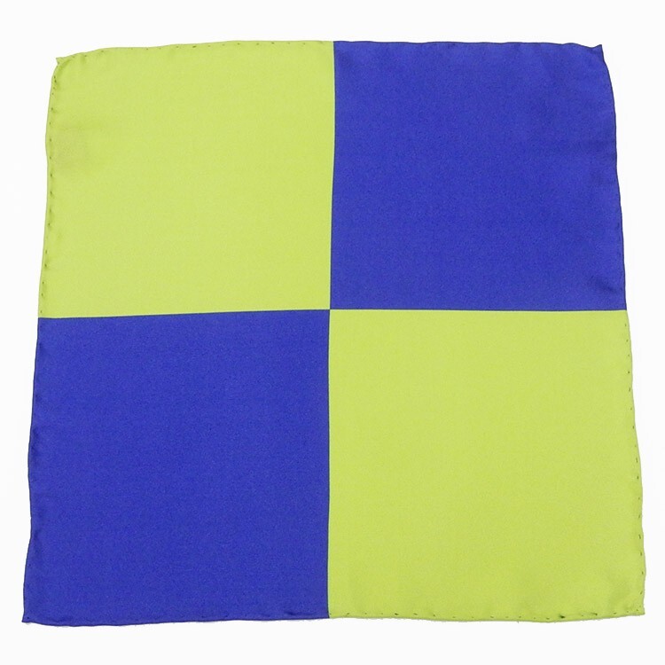 ◆バイカラー手縫い ポケットチーフ メンズ 結婚式◆黄緑×ロイヤルブルー◇バイカラー◇ツートンカラー◇絹100% メール便可 AK-BY04拍卖