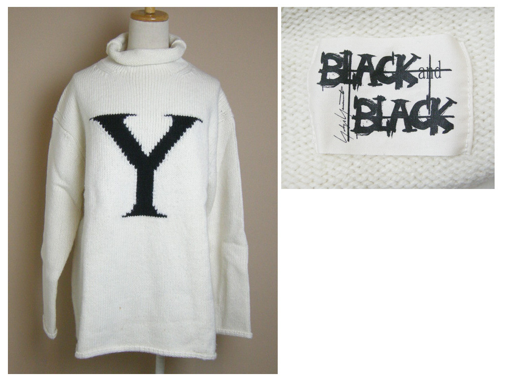 ■ヨウジヤマモトブラック&ブラック【Yohji Yamamoto BLACK&BLACK】オフ白 Yロゴ タートルニット セーター 2 アルパカ混■拍卖