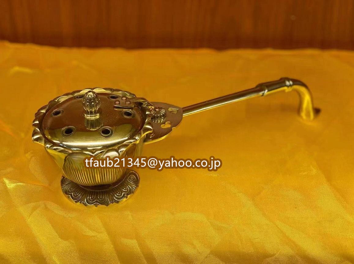 「密教法具 寺院用仏具」真言宗 蓮華型柄香炉 仏教美術 銅製 磨き仕上げ 長さ29cm拍卖