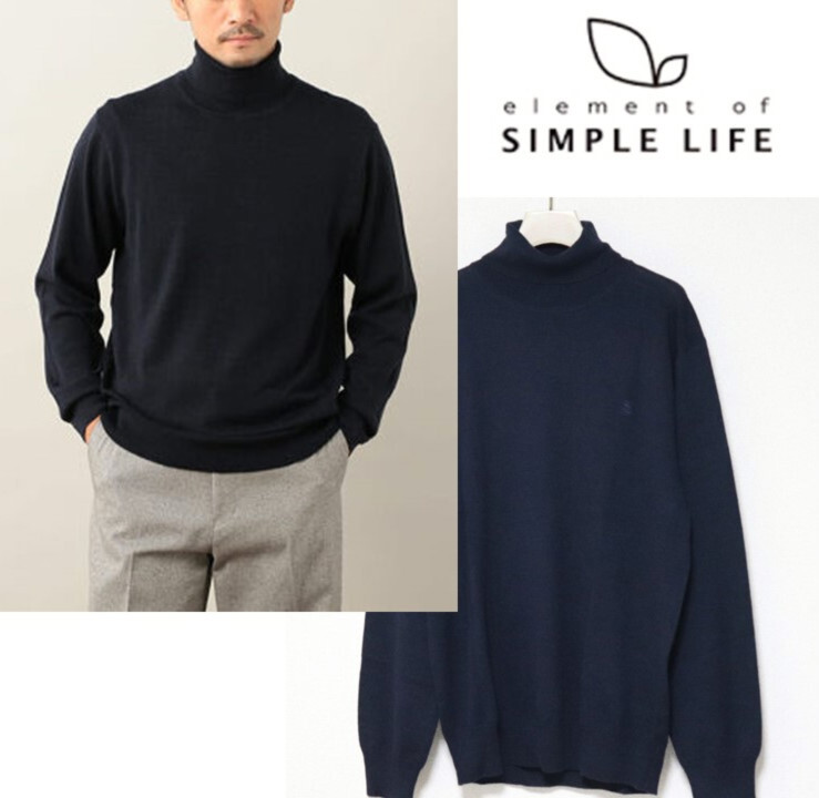 新品タグ付き【element of SIMPLE LIFE】ウォッシャブル 毛100% タートルネック ニット セーター 紺 M v5754拍卖