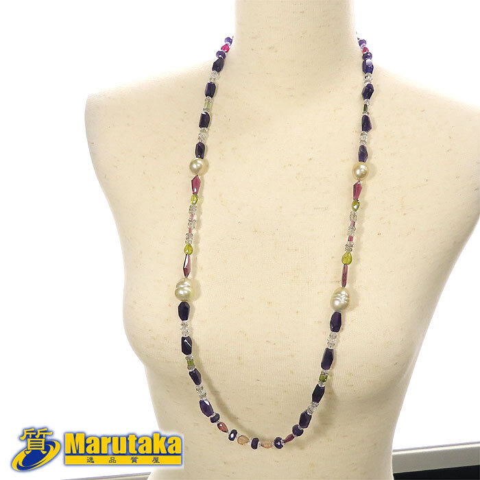 送料無料 マルチストーン ロングネックレス ゴールデンパール アメシスト トルマリン クォーツ SV925 シルバーの留め具 20k331-5拍卖