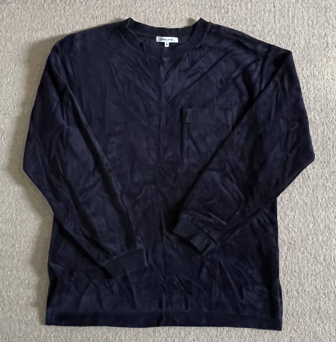 GLOBAL WORK グローバルワーク ネイビー 長袖カットソー ベロア生地 紺無地カットソー ベロアカットソー ロンT 長袖Tシャツ拍卖