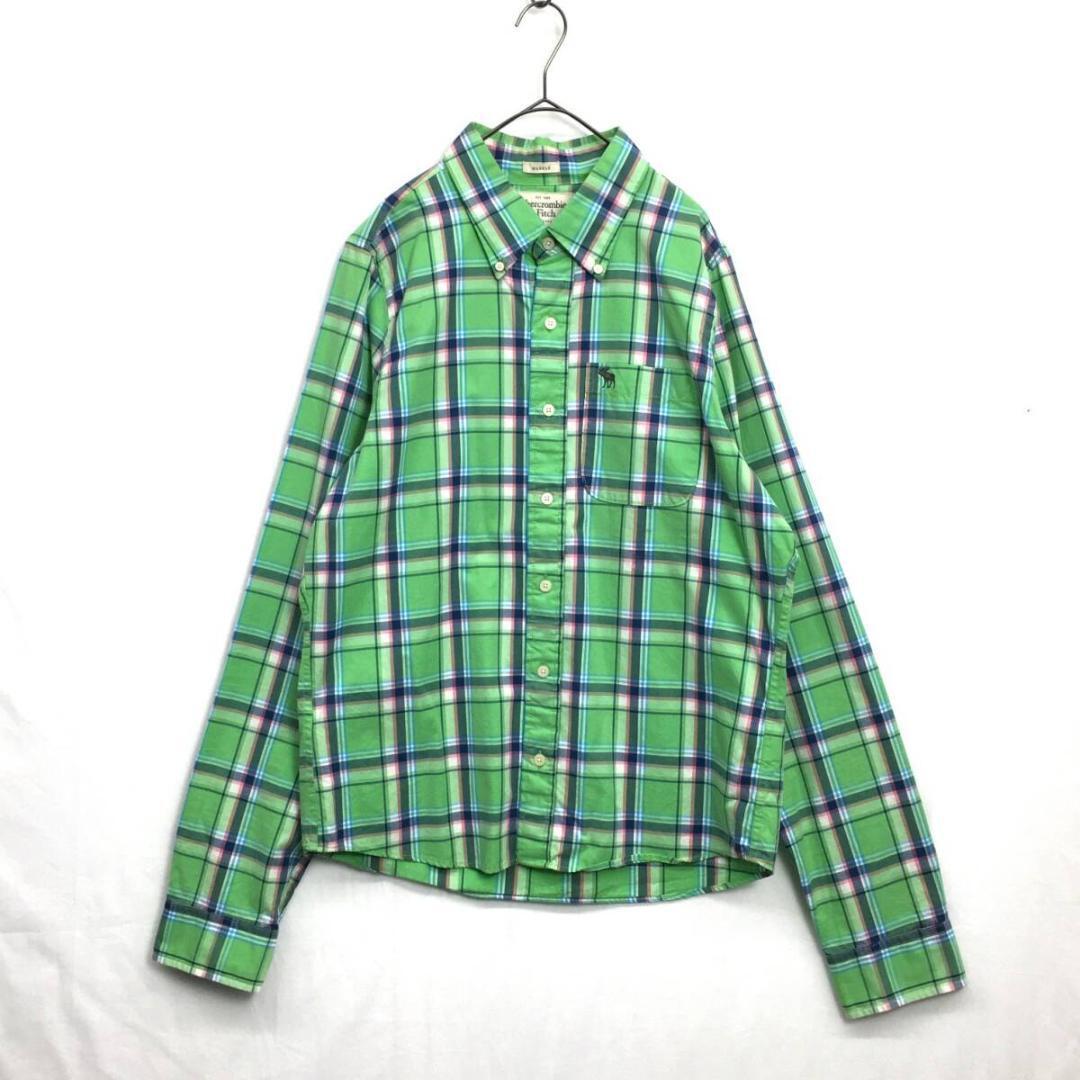 KZ7692★Abercrombie&Fitch : MUSCLE チェック柄ボタンダウンシャツ★XXL★ライムグリーン系 アバクロ拍卖