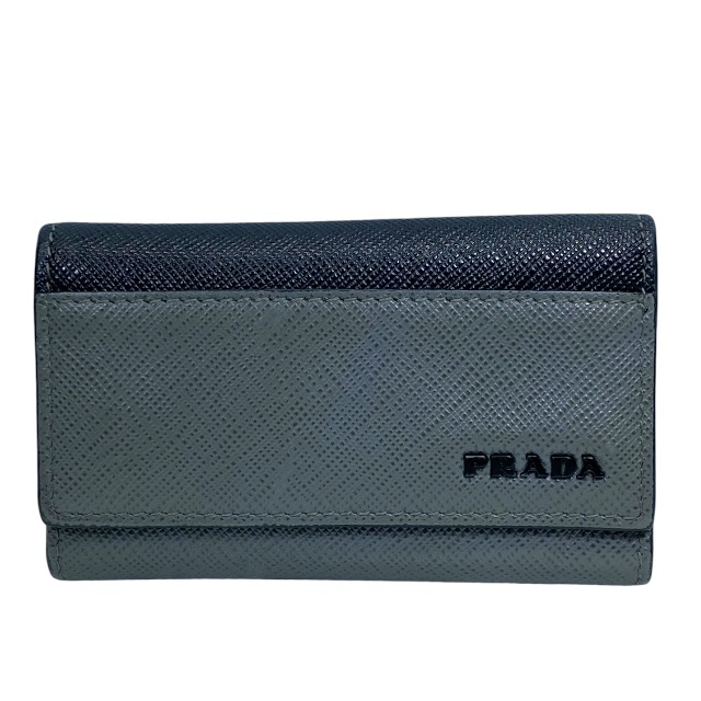 PRADA プラダ 6連 キーケース コンパクト ロゴ レザー グレー ブラック拍卖