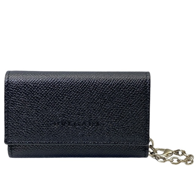 BVLGARI ブルガリ 6連 キーケース コンパクト ロゴ レザー ブラック チェーン付き拍卖