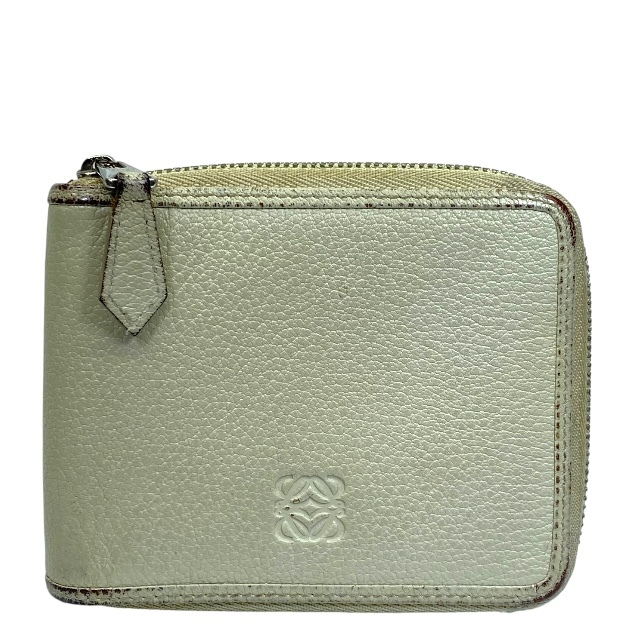 LOEWE ロエベ 財布 二つ折り財布 折り財布 ラウンドファスナー コンパクト 札入れ アナグラム レザー ベージュ系拍卖