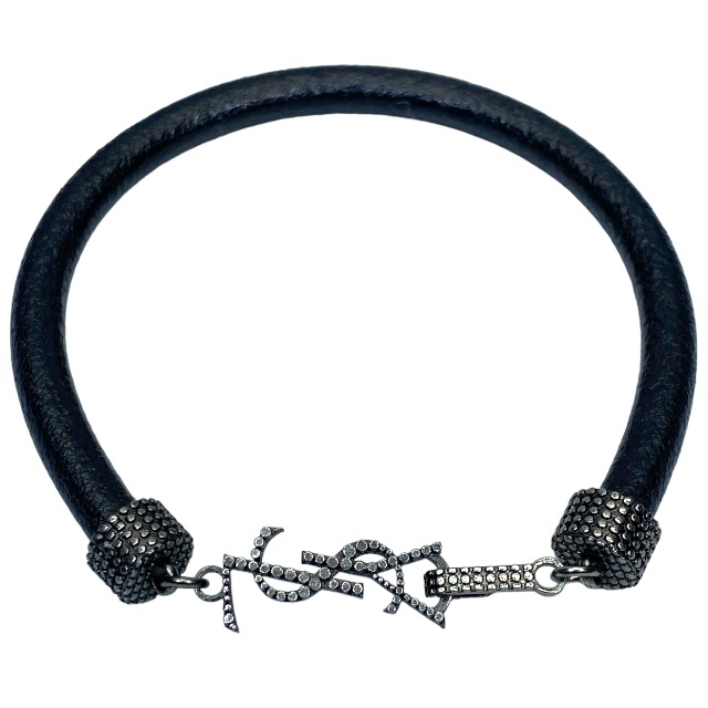 【未使用】SAINT LAURENT サンローラン オピウム ブレスレット バングル アクセサリー ジュエリー ロゴ メタル レザー ブラック拍卖