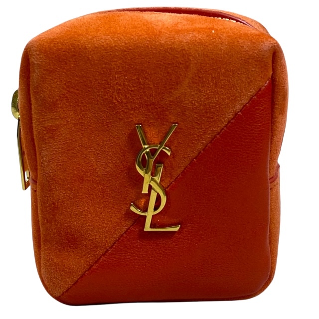 【未使用】SAINT LAURENT イブサンローラン ポーチ 小物入れ ミニポーチ キューブ チャーム ロゴ スエード レザー オレンジ拍卖