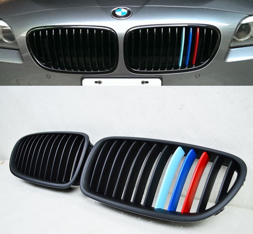 最上級品質▲BMW 5シリーズ F10 F11 フロントグリル マットブラック+Mカラー3色 シングルバー 艶消黒 セット ABS製 2010-2016拍卖