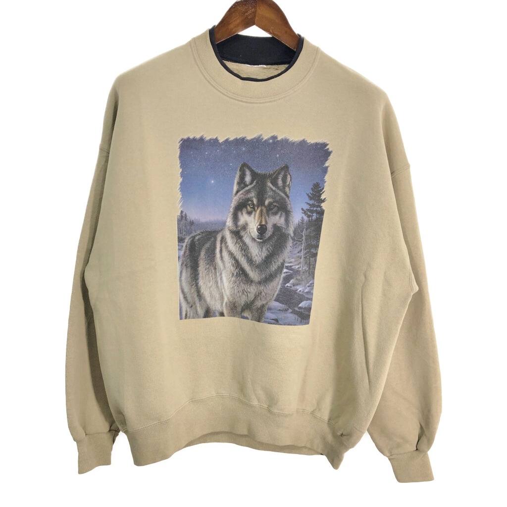 アニマルプリント オオカミ スウェット ベージュ (メンズ XL相当) 中古 古着 S3560拍卖
