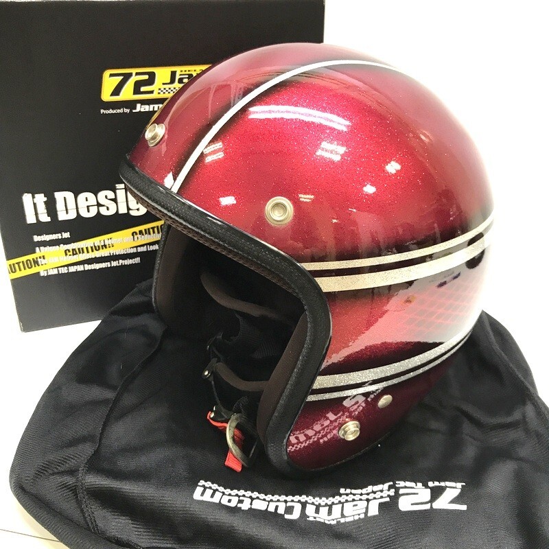 72JAM VNT-05 JOHNNY デザイナーズジェットヘルメット レッドシルバーフレークベースグロス仕上げ フリーサイズ バイク用品 ◇TA0993拍卖