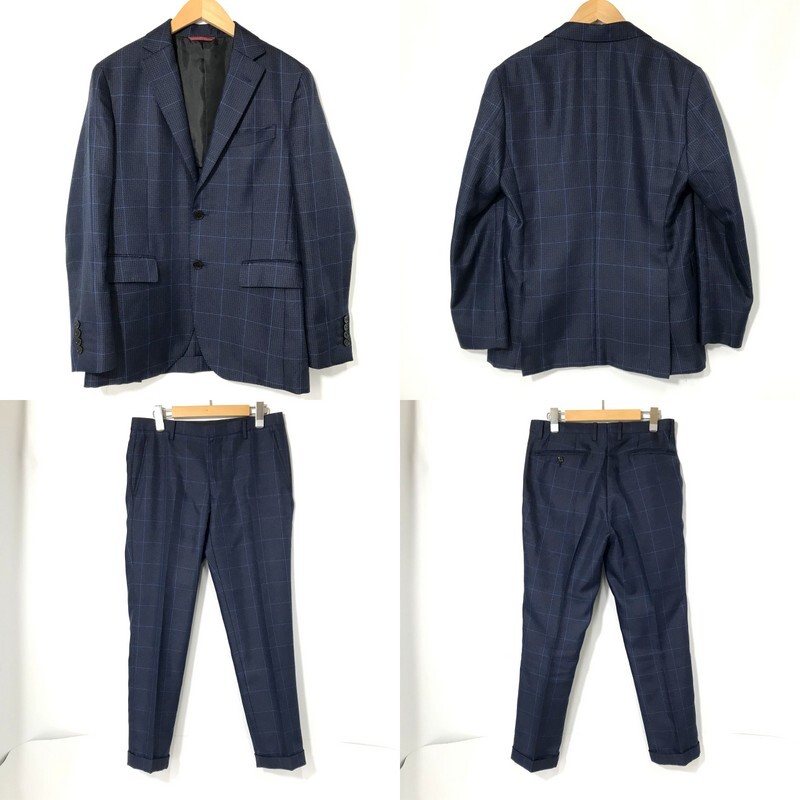 BLACKLABEL CRESTBRUDGE スーツ グレンチェック 背抜き 背広 Mサイズ ネイビー ブラックレーベル クレストブリッジ セットアップ A11898◆拍卖