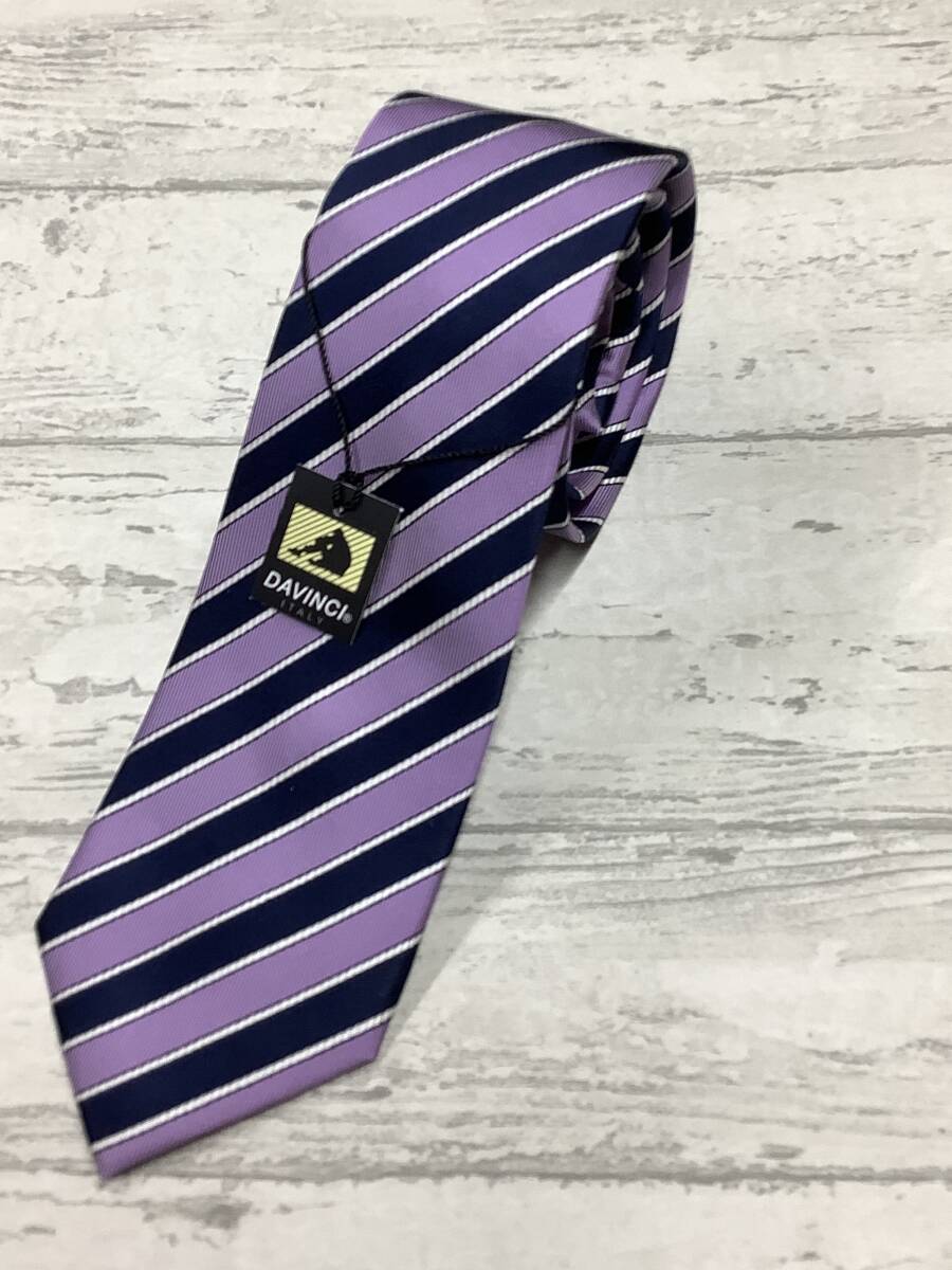 新品未使用 DAVINCI ダヴィンチ パープルネイビーストライプ シルク100%ネクタイ お洒落柄 お買い得拍卖