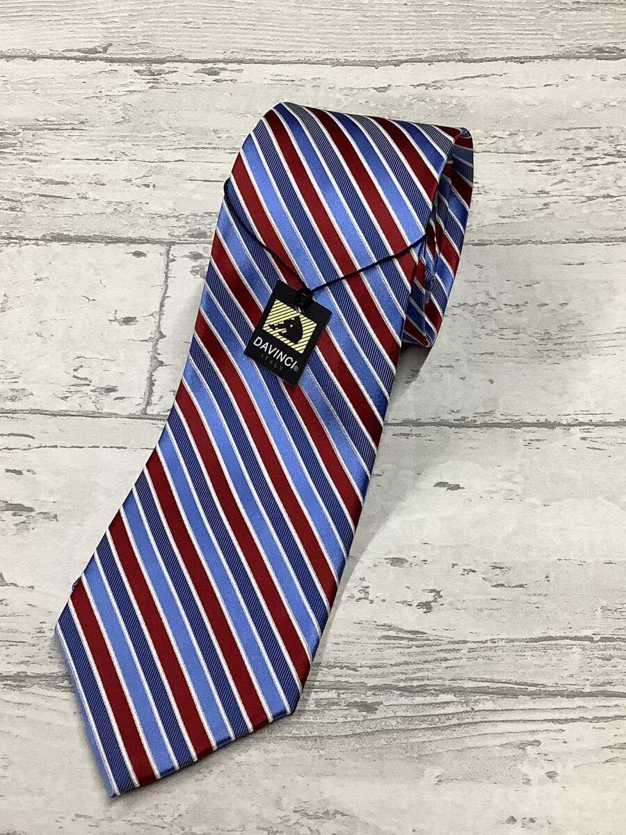 新品未使用 DAVINCI ダヴィンチ 逆ストライプ サックスブルーベース 赤白ライン シルク100%ネクタイ お洒落柄 お買い得拍卖