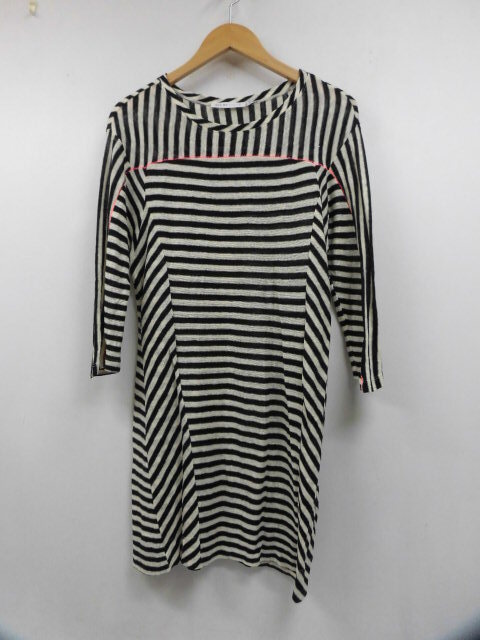 SEE BY CHLOE シーバイクロエ ボーダー ニットワンピース ミニ丈 薄手 麻100% 七分袖 ミニスカート ブラック×ホワイト 黒 白 サイズ/USA2拍卖