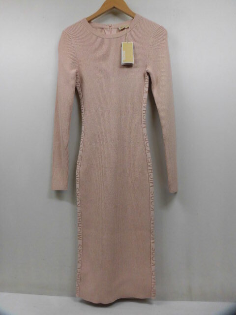新品 定価66,000円 MICHAEL KORS マイケルコース JH3824P5ZV POWDER BLUSH ラメ ニットワンピース メタリック MKテープ ドレス ピンク XS拍卖