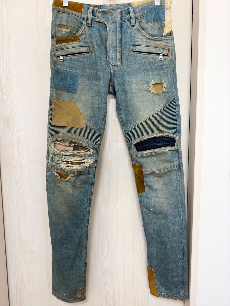 限定 定価29.6万円 バルマンオム デストロイ スウェードレザーリペア加工バイカーデニム 30 メンズ 正規品 ジーンズ BALMAIN拍卖