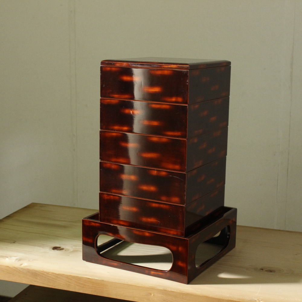 レトロ!アンティーク!時代漆器 曙塗り(あけぼの)古い5段重箱 木箱整理箱収納ボックス古道具古家具古民藝和箪笥番重和モダン拍卖