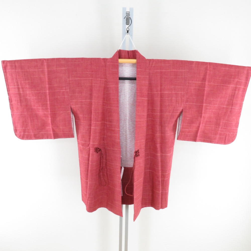 着物コート 道中着 紬 破れ縞文様 正絹 赤色 和装コート カジュアル 身丈84cm拍卖