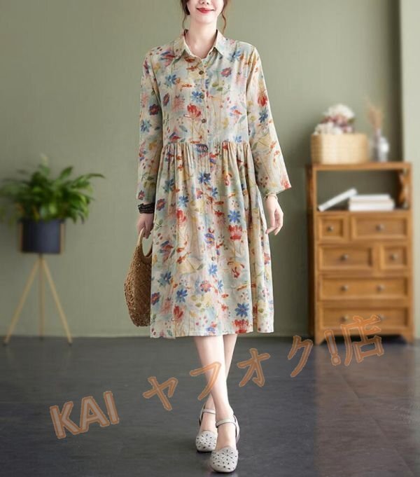 ☆新品ひざ丈ワンピース カジュアル 花柄 シャツワンピース オシャレ プリント柄 膝丈 着痩せ 半袖 大きいサイズ Aライン拍卖