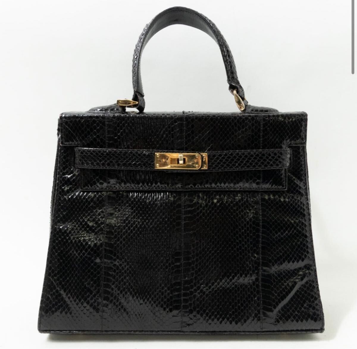 リアルスネークスキン ハンドバッグ ブラック 黒 ゴールド レザー 本革 ヘビ革拍卖