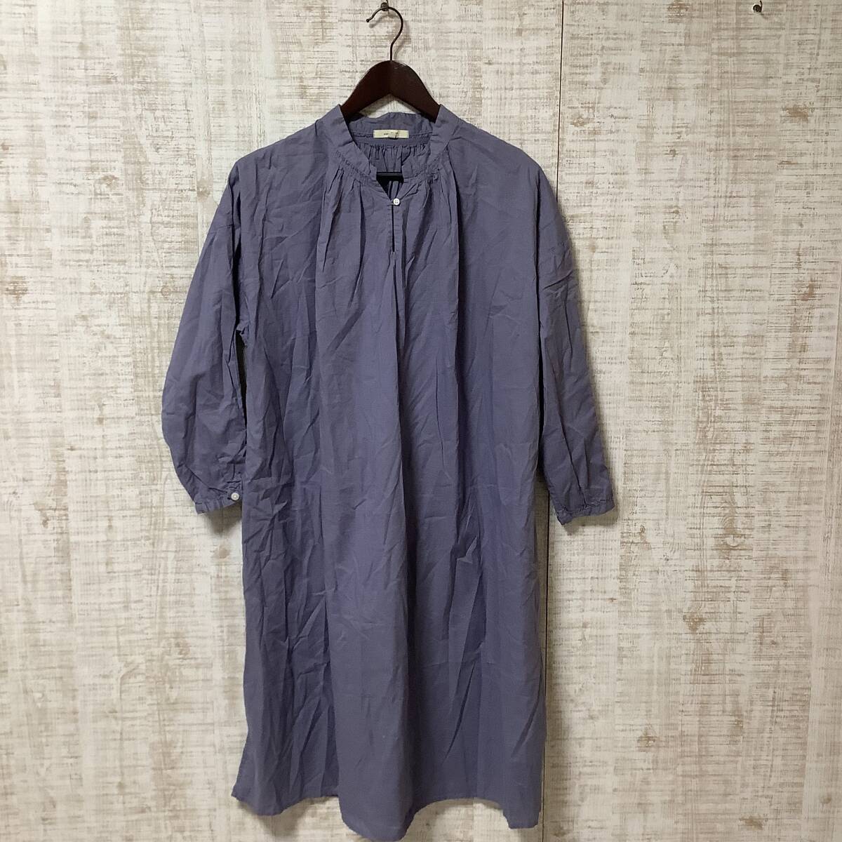 A578◇Studio CLIP | スタディオクリップ チュニック ワンピース 麻混 ノーカラー ブルー系 サイズF拍卖