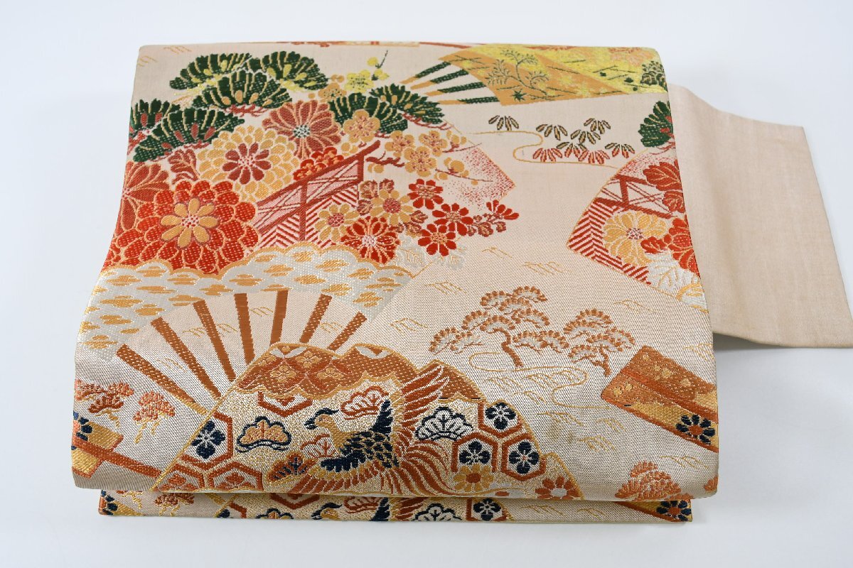 名古屋帯 アンティーク 扇子 花 帯丈332cm ★着物屋 ne-12322 桜庭呉服店拍卖