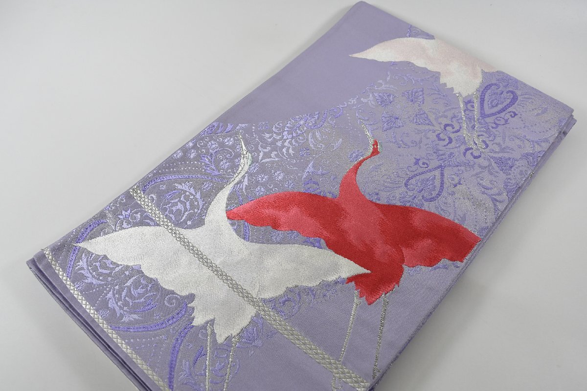 袋帯 六通柄 鶴 更紗 薄紫色 帯丈422cm ★着物屋 ne-13183 桜庭呉服店拍卖
