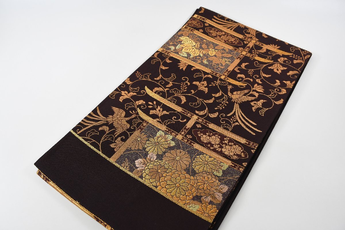 高級 袋帯 未仕立て 六通柄 西陣 鳥 花 帯丈454cm ★着物屋 ne-12454 桜庭呉服店拍卖