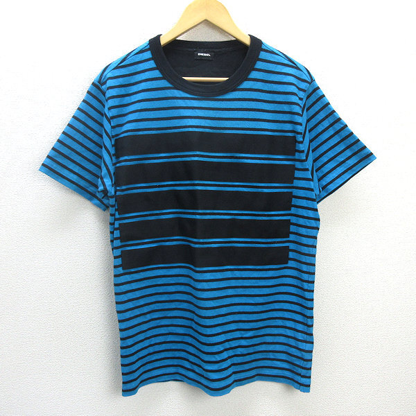 H■ディーゼル/DIESEL ボーダー柄 半袖Tシャツ【S】水色/MENS■15【中古】拍卖